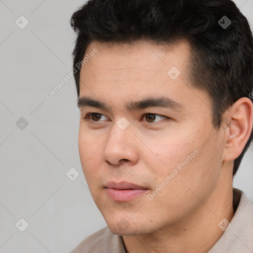 Neutral asian young-adult male with short  black hair and brown eyes