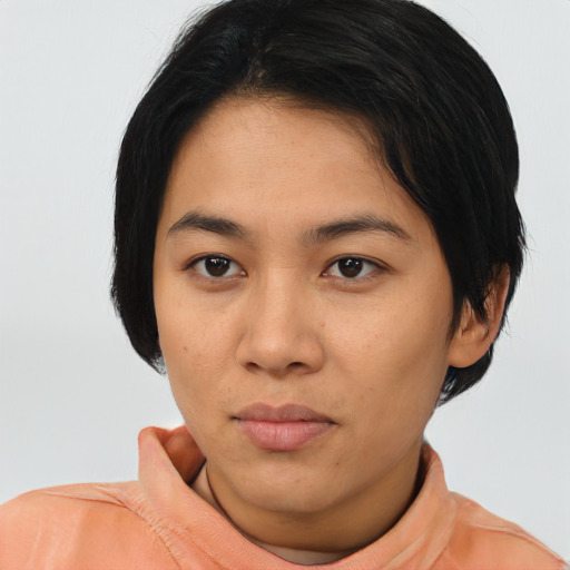 Neutral asian young-adult female with short  black hair and brown eyes