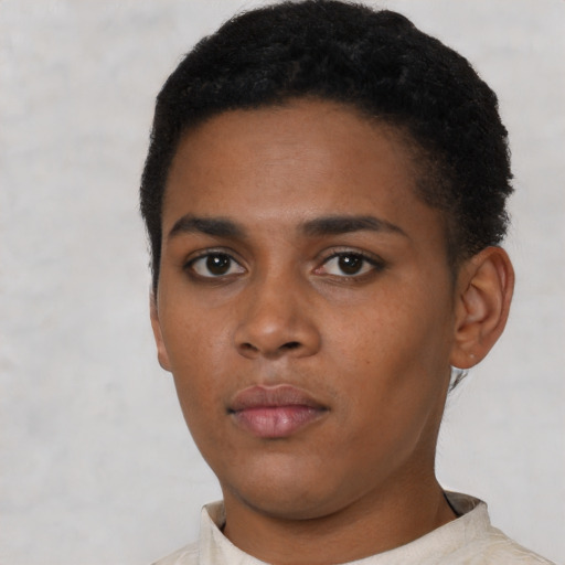 Neutral black young-adult female with short  black hair and brown eyes