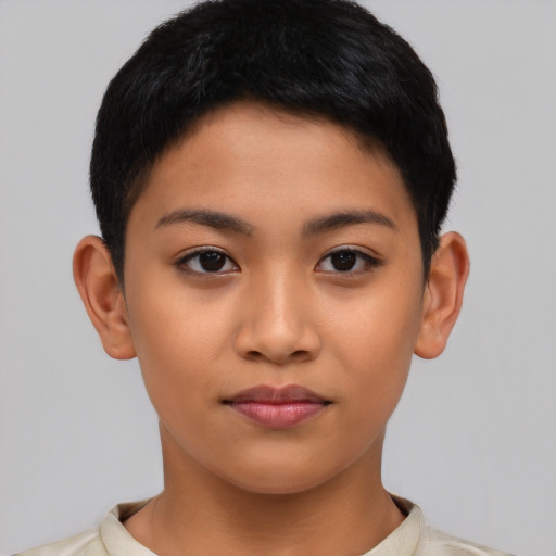 Neutral asian young-adult female with short  black hair and brown eyes