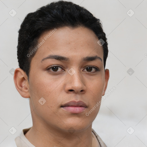 Neutral latino young-adult female with short  black hair and brown eyes