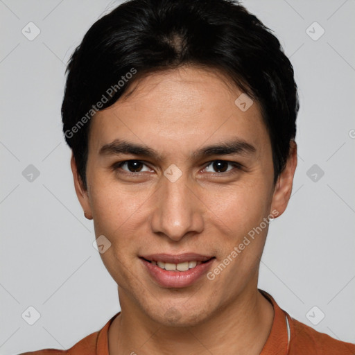 Joyful white young-adult male with short  black hair and brown eyes