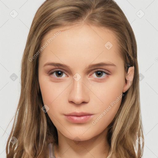 Neutral white young-adult female with long  brown hair and brown eyes