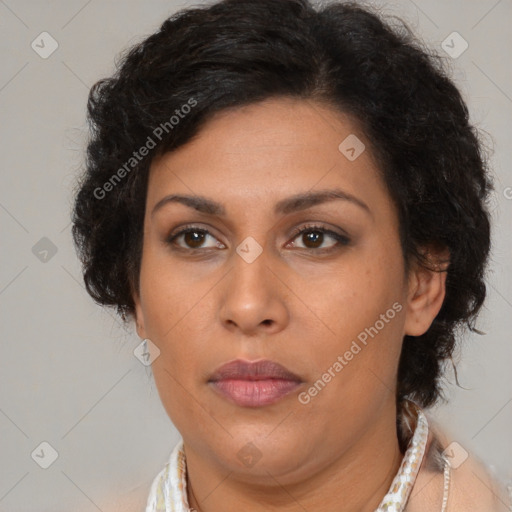 Neutral latino young-adult female with short  brown hair and brown eyes