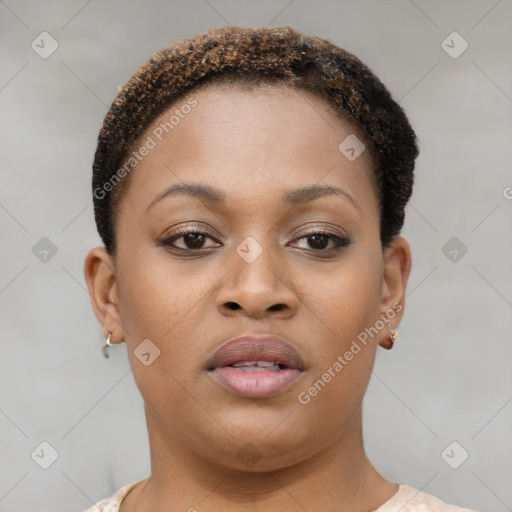 Neutral black young-adult female with short  brown hair and brown eyes