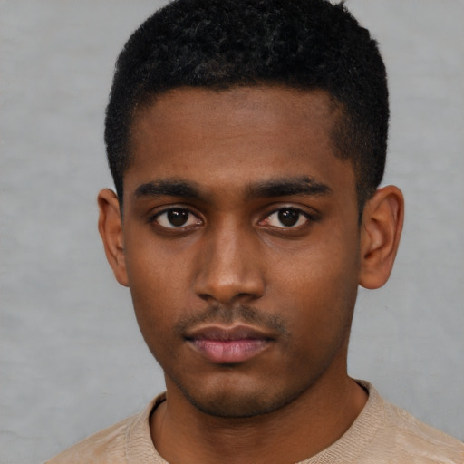 Neutral black young-adult male with short  black hair and brown eyes