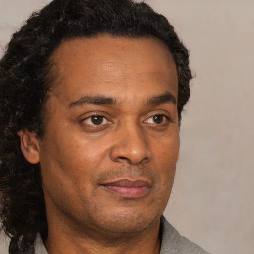 Neutral black adult male with short  black hair and brown eyes