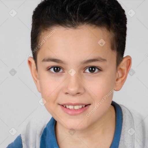 Joyful white child male with short  brown hair and brown eyes