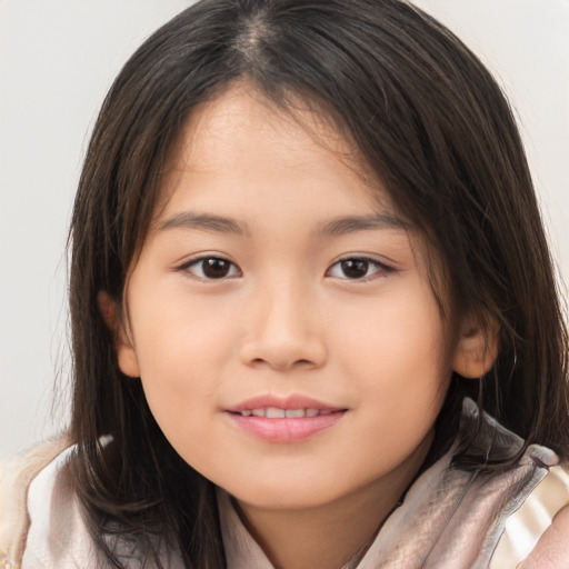 Joyful white child female with medium  brown hair and brown eyes