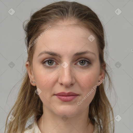 Joyful white young-adult female with medium  brown hair and grey eyes