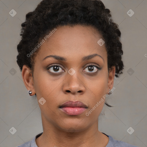 Neutral black young-adult female with short  brown hair and brown eyes