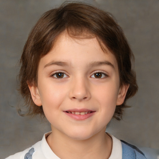 Joyful white child female with medium  brown hair and brown eyes