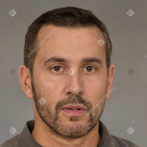 Neutral white adult male with short  brown hair and brown eyes