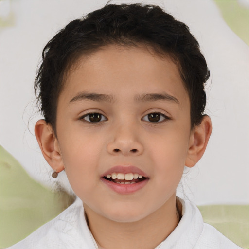 Joyful white child female with short  brown hair and brown eyes