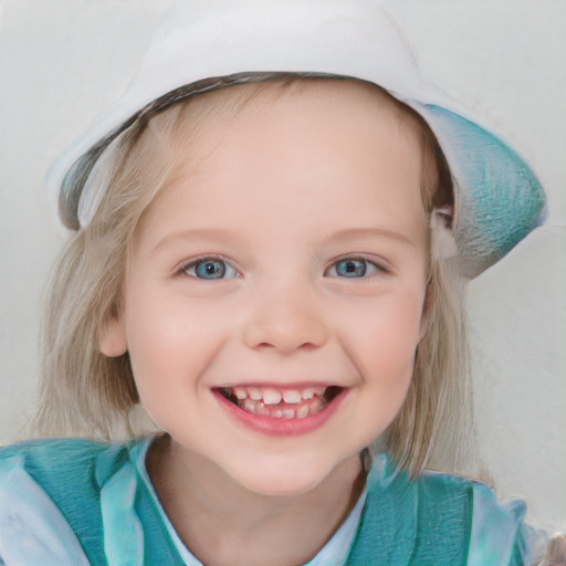 Joyful white child female with medium  brown hair and blue eyes