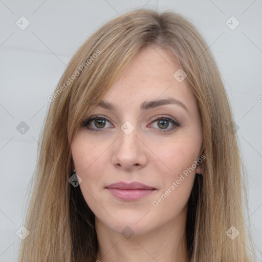 Neutral white young-adult female with long  brown hair and grey eyes