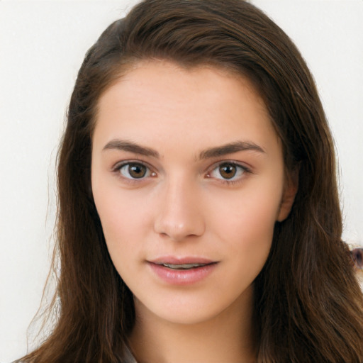 Neutral white young-adult female with long  brown hair and brown eyes