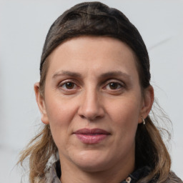 Joyful white adult female with long  brown hair and grey eyes