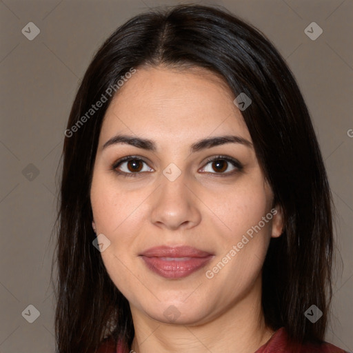 Joyful white adult female with long  brown hair and brown eyes