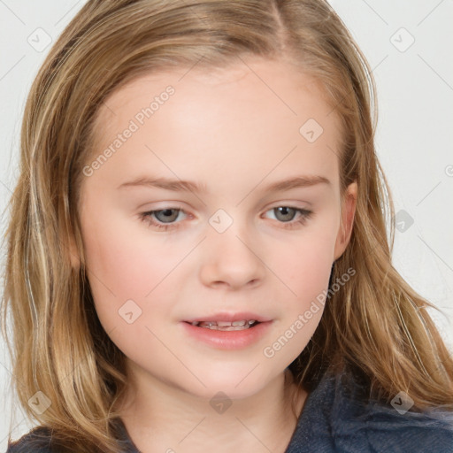 Joyful white child female with medium  brown hair and blue eyes