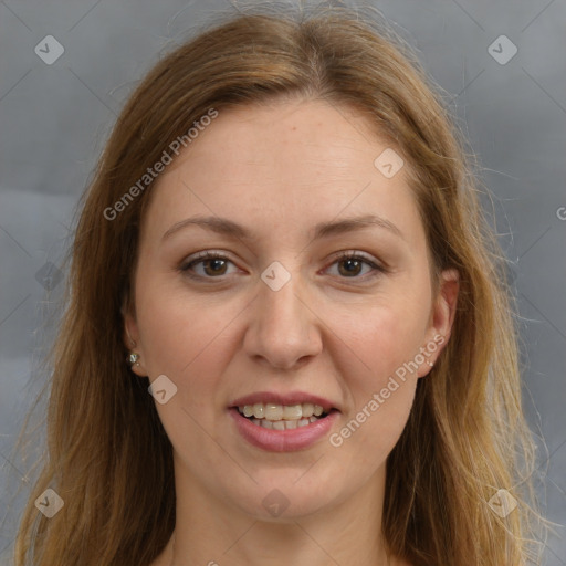 Joyful white young-adult female with long  brown hair and brown eyes