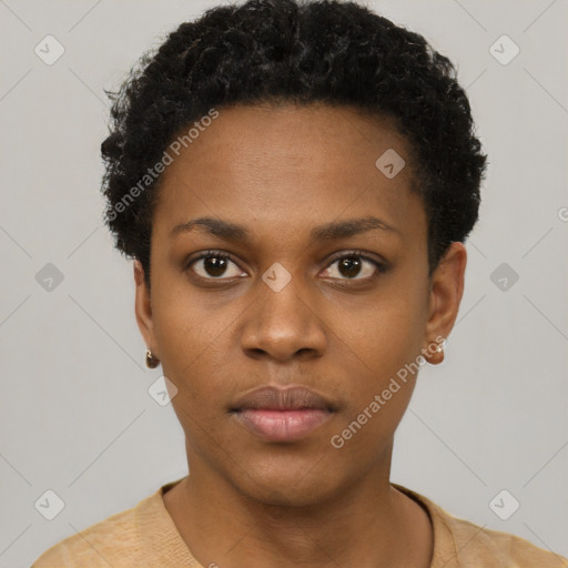 Neutral black young-adult female with short  black hair and brown eyes