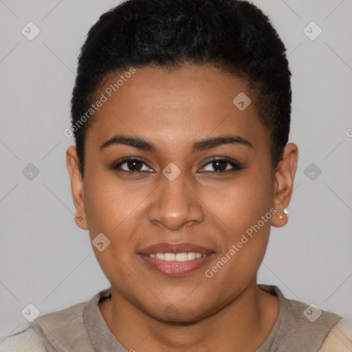 Joyful black young-adult female with short  brown hair and brown eyes