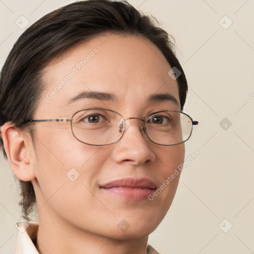 Neutral white young-adult female with medium  brown hair and brown eyes