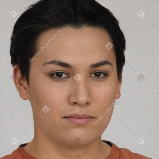 Neutral asian young-adult female with short  brown hair and brown eyes