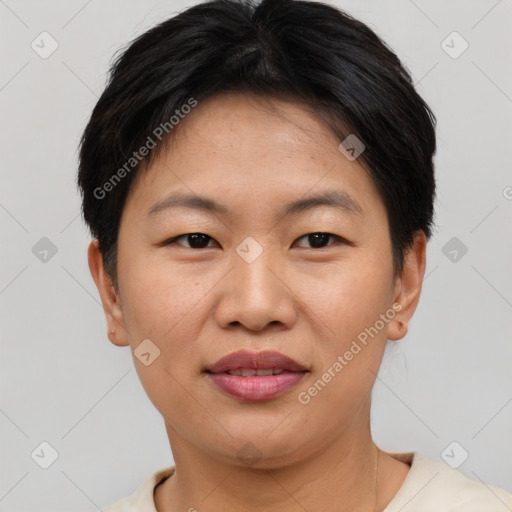 Joyful asian young-adult female with short  brown hair and brown eyes