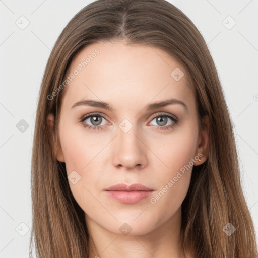 Neutral white young-adult female with long  brown hair and grey eyes