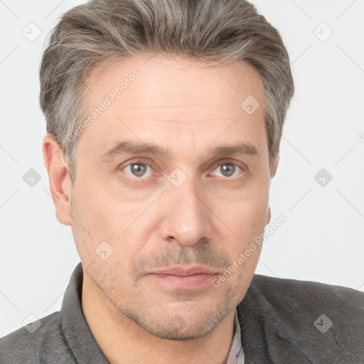 Neutral white adult male with short  brown hair and brown eyes