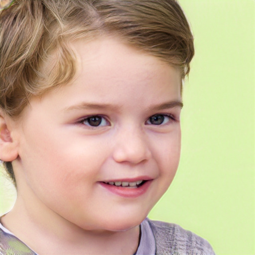 Joyful white child female with short  brown hair and blue eyes