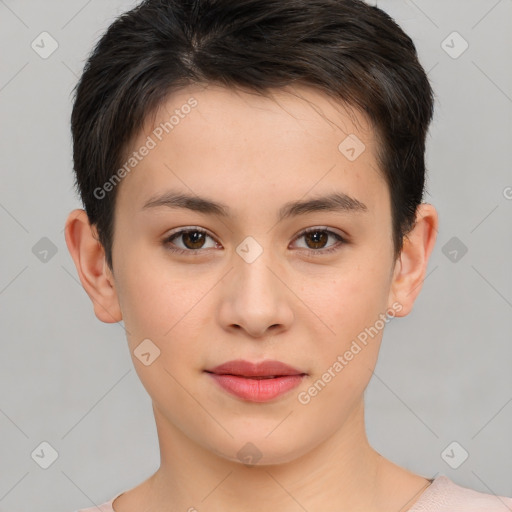 Joyful white young-adult female with short  brown hair and brown eyes