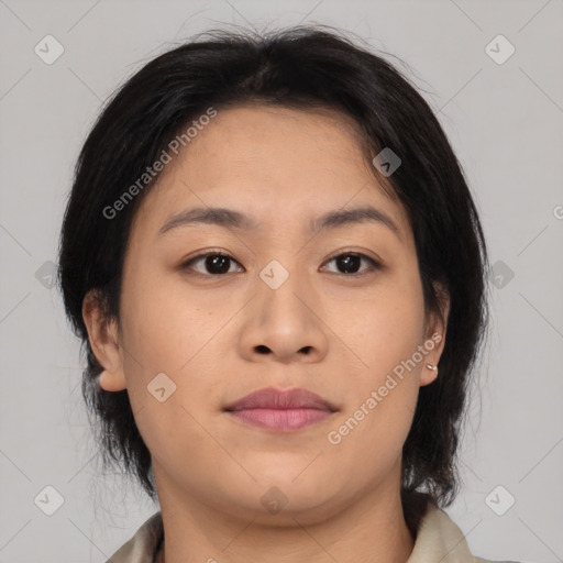 Neutral asian young-adult female with medium  brown hair and brown eyes