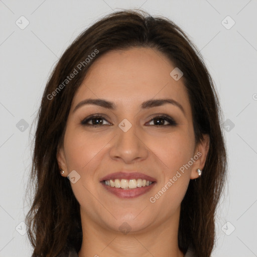 Joyful white young-adult female with long  brown hair and brown eyes