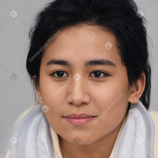 Joyful asian young-adult female with medium  brown hair and brown eyes
