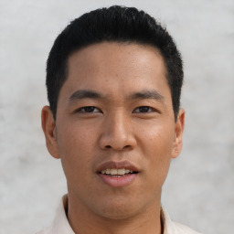 Neutral asian young-adult male with short  black hair and brown eyes