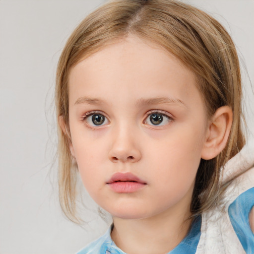 Neutral white child female with medium  brown hair and blue eyes