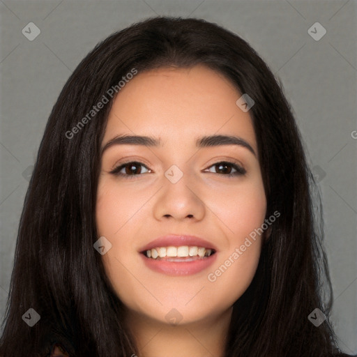 Joyful white young-adult female with long  black hair and brown eyes