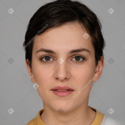 Neutral white young-adult female with short  brown hair and brown eyes