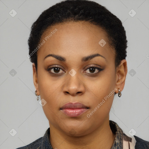 Neutral black young-adult female with short  black hair and brown eyes