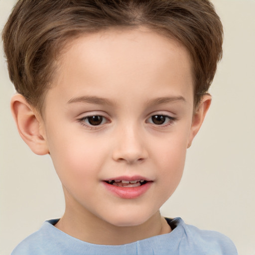 Joyful white child female with short  brown hair and brown eyes