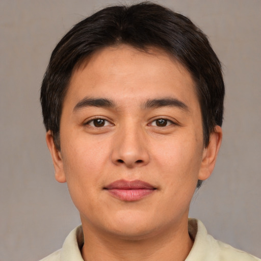 Joyful asian young-adult male with short  brown hair and brown eyes