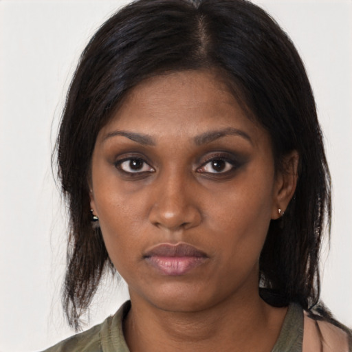 Neutral black young-adult female with medium  brown hair and brown eyes