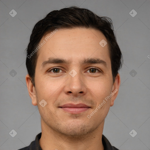 Joyful white young-adult male with short  brown hair and brown eyes