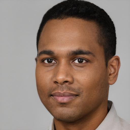 Neutral black young-adult male with short  black hair and brown eyes