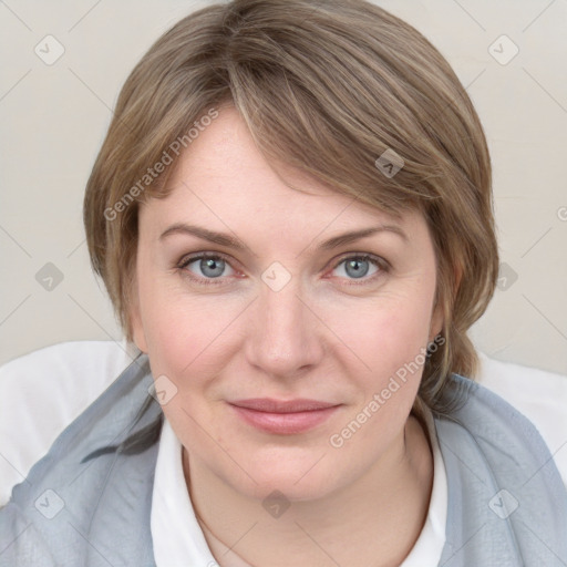 Joyful white young-adult female with medium  brown hair and blue eyes