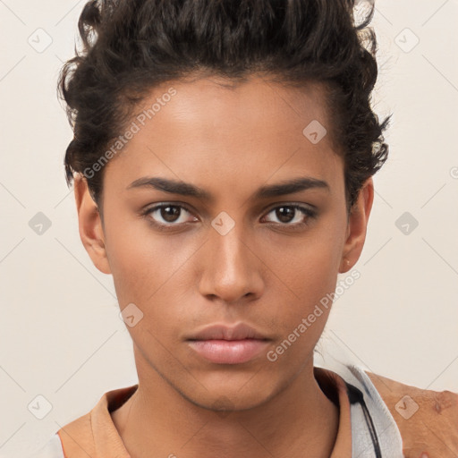 Neutral white young-adult female with short  brown hair and brown eyes