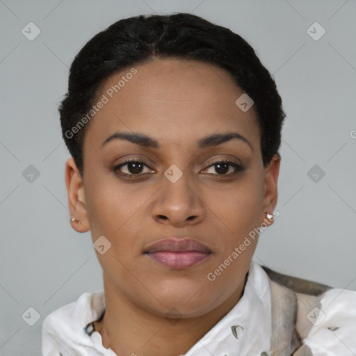 Joyful black young-adult female with short  brown hair and brown eyes